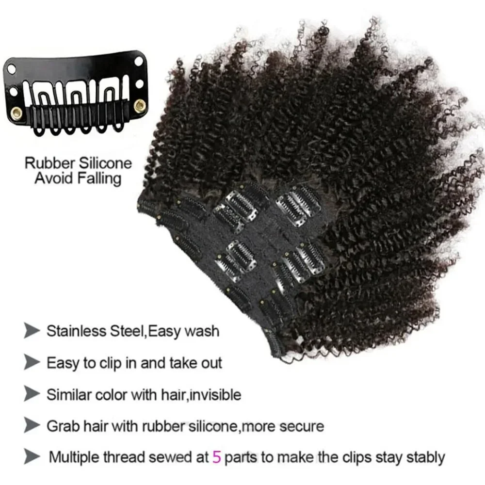 Human Hair Clip In Extensions Afro Kinky Curly 8 Inch Black 8Pcs